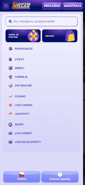 Spinbara — hlavní menu s promoakcemi, turnaji a VIP úrovněmi