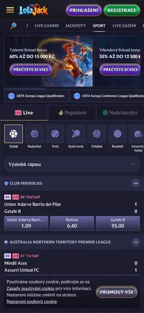 Mobilní web Lolajack, živé sázení na sport s českým rozhraním